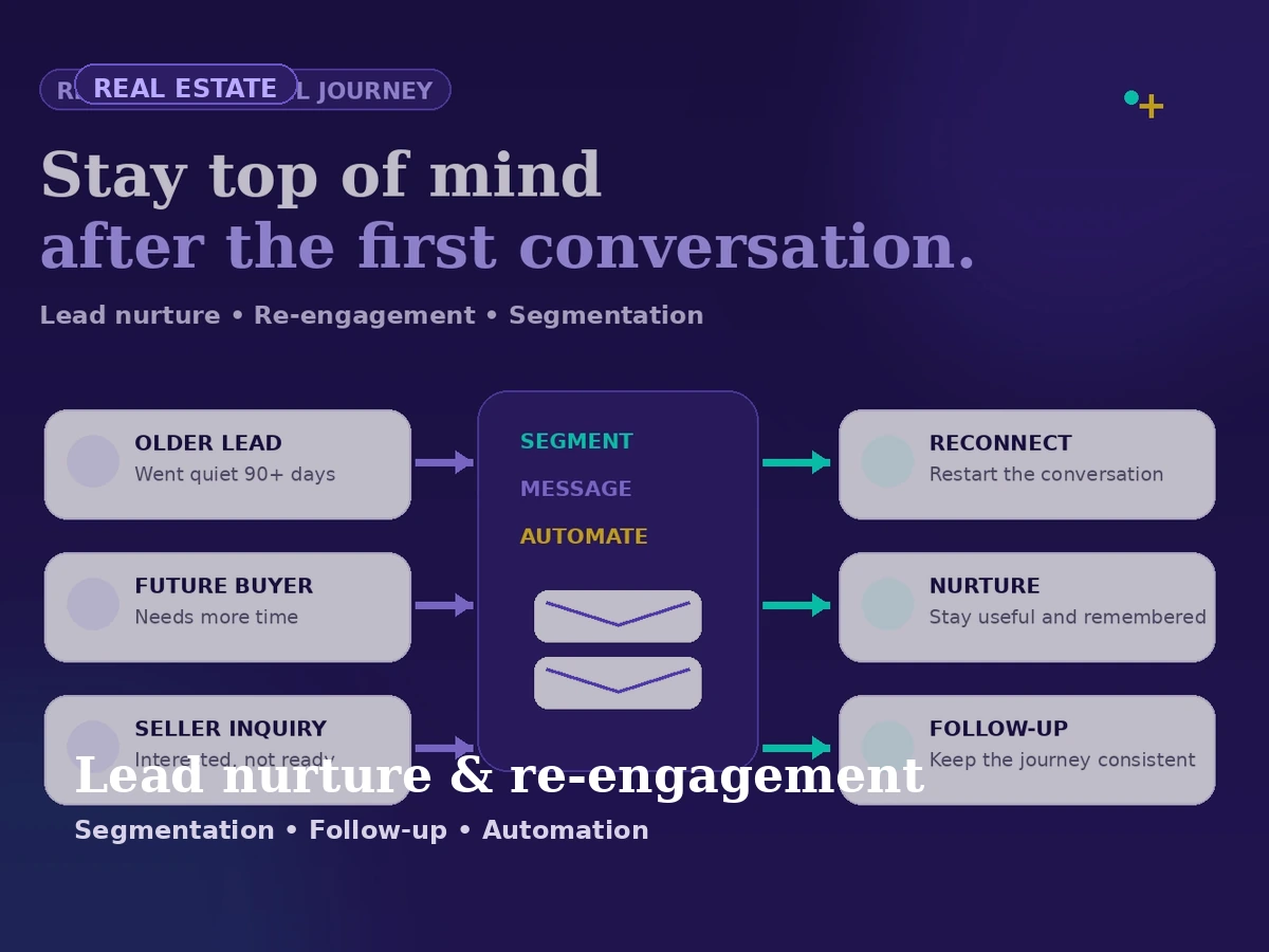 SarahGrowth real estate email marketing visual showing lead nurture and re-engagement journey